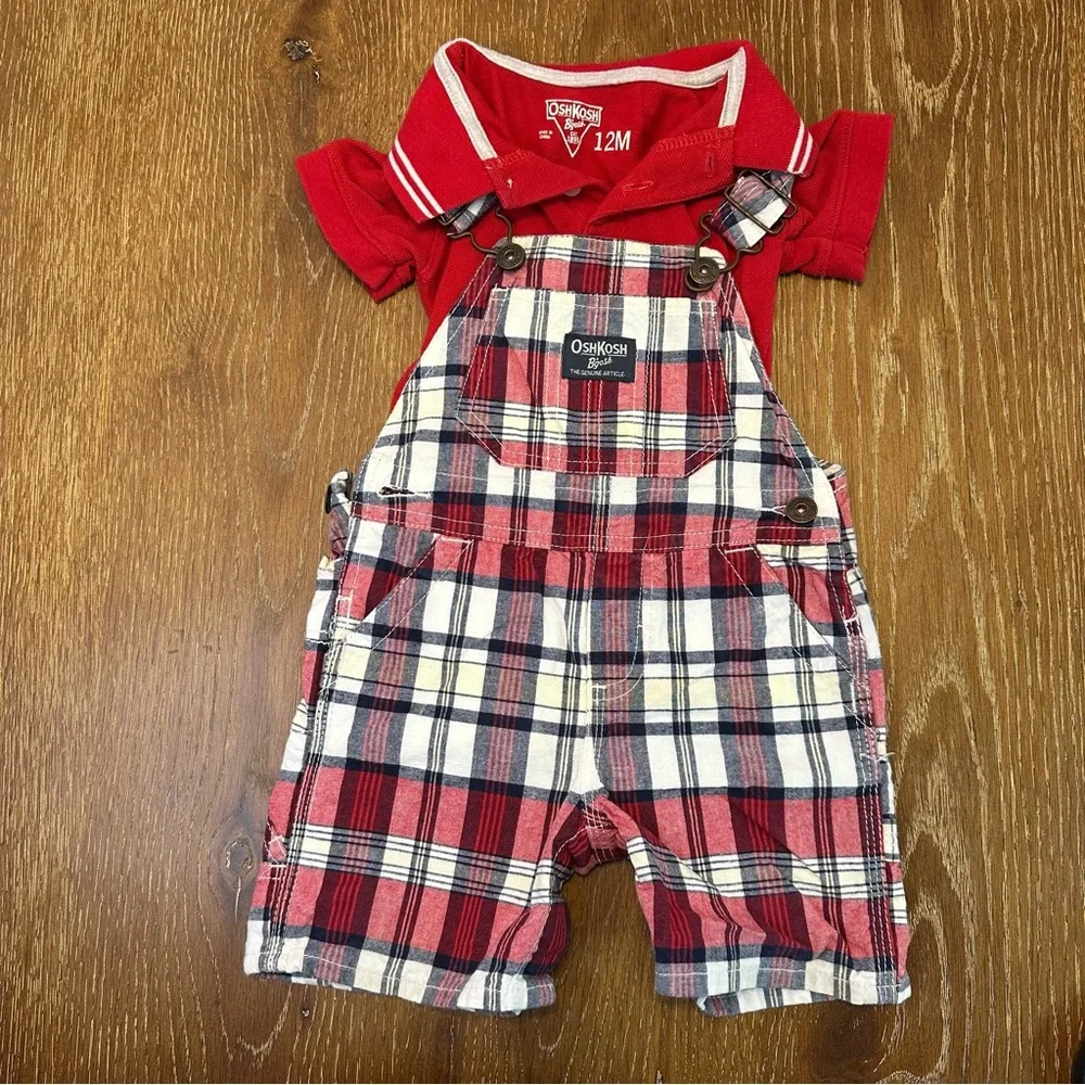 Vintage OshKosh Bgosh Red Polo Bodysuit‎ and Plaid Shortalls 12M